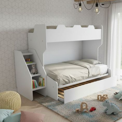 Letto a castello 3 posti con terzo letto estraibile e scaletta contenitore - Una piazza e mezza - Bianco