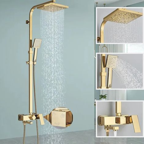 Shower System Gold, Zamery Black 3-Function Shower Mixer Set with 8" Rainfall Shower, Handheld Shower and Tub Spout,Height and Angle Adjustable (1/5)