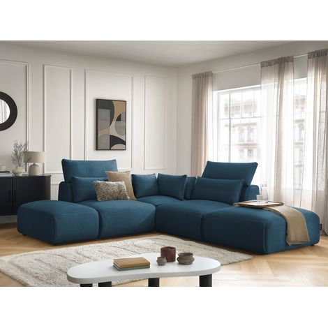 BOBOCHIC - Canapé d'angle fixe modulable avec têtières JANA tissu velours avec 2 chauffeuses, 1 angle et 2 poufs Réversible Bleu (1/5)