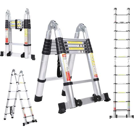 Échelle télescopique 3,8M (1,9 + 1,9) Portable Multifonctions Aluminium Pliable,12 Marches,Antidérapante Polyvalente,Charge max 150kg