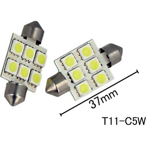 Coppia 2 Lampade Led T11 C5W Siluro 37mm Con 6 Smd 5050 Colore Bianco Freddo 6000K 12V 2W