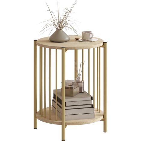 Table d'appoint, bout de canapé à 2 niveaux avec étagère de rangement et cadre en acier, Ø 41 x 49 cm effet bois naturel