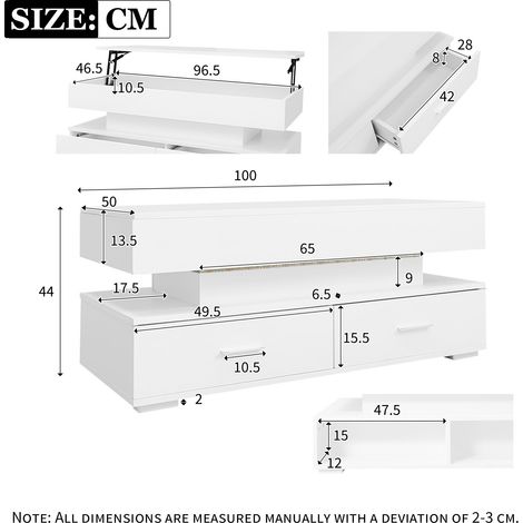 MEUBLIV Mesa de centro elevable 100x50x44 cm blanca con LED, almacenaje y elevación hidráulica (1/5)