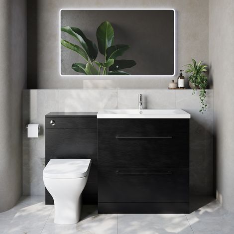 Napoli 460 Nero Oak 1300mm 2 Drawer Vanity Unit Toilet Suite with Glide Basin - 1300mm - Chrome 480mm HandleWith Kingston Toilet Pan and Seat