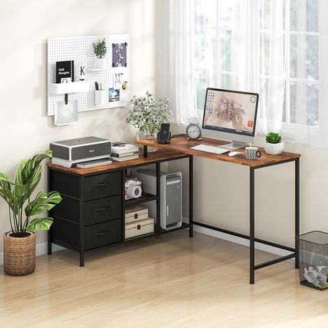 COSTWAY Escritorio Esquinero, Puerto de Carga USB y Toma de Corriente, Escritorio en L con 3 Cajones de Cajones de Tela y Estante, 2 Formas, 140 x 105 x 75 cm, Mesa en L para 2 Personas (café) (1/5)