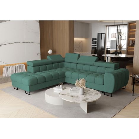 Ecksofa Schlafsofa BASTIEN MAX in Stoff Moly Grün Ottomane Links