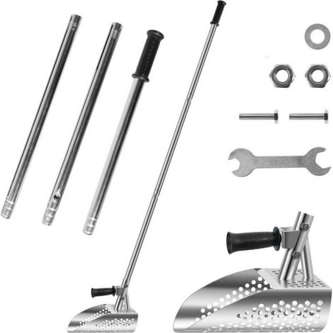 1 pala detectora de metales, acero inoxidable 304, mango largo desmontable, tamiz hexagonal de 8,5 mm, para playa y uso subacuático. (1/5)