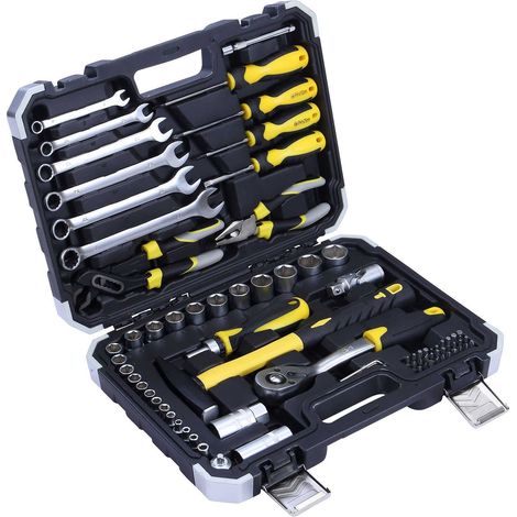 RHINO - ENSEMBLE D'OUTILS - MALLETTE À OUTILS 75 PIÈCES - COFFRET D'OUTILS CLÉS, PINCES, TOURNEVIS, CUTTER, CLÉ À CLIQUET, DOUIL (1/5)
