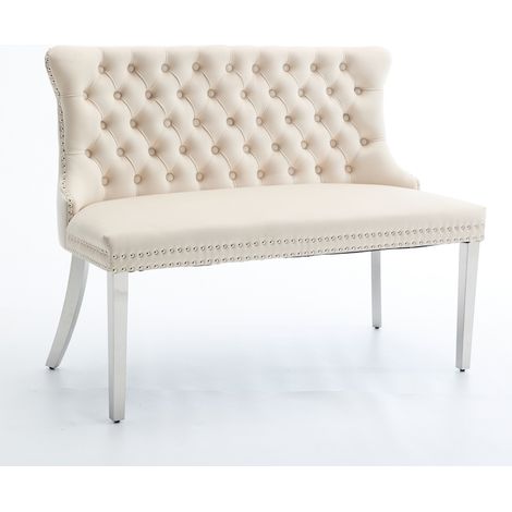 Banquette Velours 2 Places avec Boutons Capitonnés, Pieds Acier Inoxydable Brossé Argent, Style Milieu du Siècle, Beige