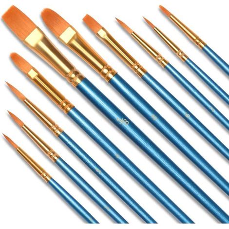 Lot de 10 pinceaux professionnels en poils de nylon pour peinture acrylique, huile, aquarelle, gouache, visage (1/4)