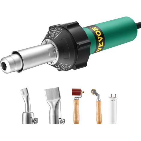 VEVOR Soudeur Plastique Air Chaud, 1600 W, Pistolet Thermique PVC 50°C-600°C, Kit Soudage de Toiture Plastique, 2 Buses Plates, Rouleau Joint Silicone et Cuivre, Noyau Chauffant, pour Film PP PE PVC