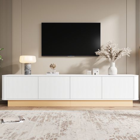Meuble TV blanc design 200x40x47,5 cm, meuble bas salon 4 portes rainurées, rangements réglables, passe-câbles, coins arrondis, MDF (1/5)