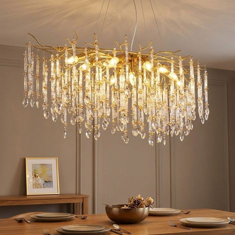 Hängelampe Deckenleuchte Esszimmerleuchte Luster Kronleuchter Glas Kristalloptik Gold Metall L 120 cm (1/5)