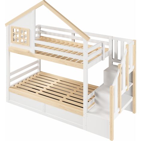 Letto a castello 90x200 cm con contenitore idraulico, sponde, bianco e naturale (1/5)