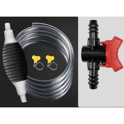 Pompe manuelle 2-en-1 avec 2 tubes de transfert de 2 m, 4 colliers de serrage et 2 vannes réglables – pour eau, essence et gasoil (1/4)
