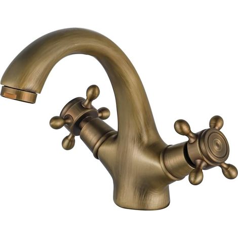 Retro Antique Brass Bathroom Faucet, Two Handle Basin Mixer Tap, Nostalgia Brushed Bathroom Mixer Tap (Without Hose) MUMU (1/4)
