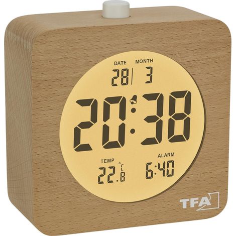 TFA Dostmann Sveglia da comodino digitale in legno con temperatura interna, 60.2049, in legno di faggio, con retroilluminazione, display LCD, alimentazione a batteria, indicatore della data, marrone (1/5)