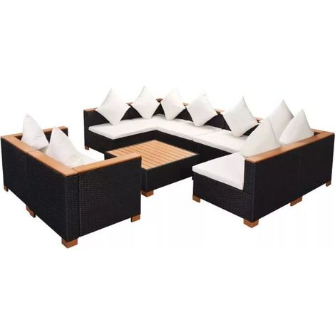 Salon de jardin 8 pièces résine tressée noir et coussins blanc Kimberly 2 (1/5)