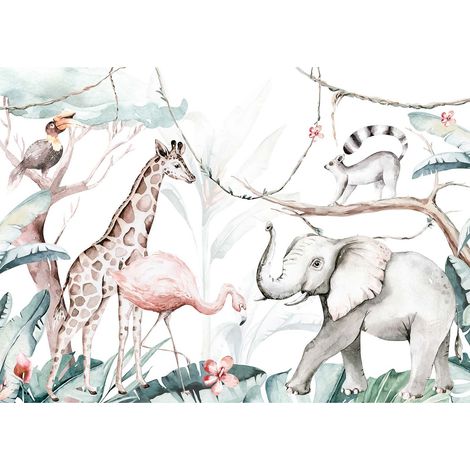 Tableau enfant jungle couleurs pastel | Tableau animaux pour chambre bébé | Tableau sur toile parfait pour chambre enfant - 0,7 x 0,5 m (1/2)