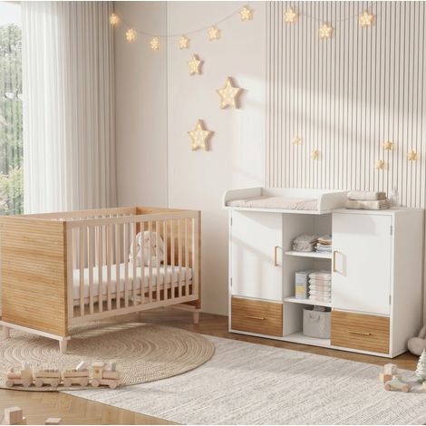 Wickeltisch- und Babybett-Set 114 x 53 x 92 cm / 70 x 140 x 87 cm Naturholz Weiß (1/5)