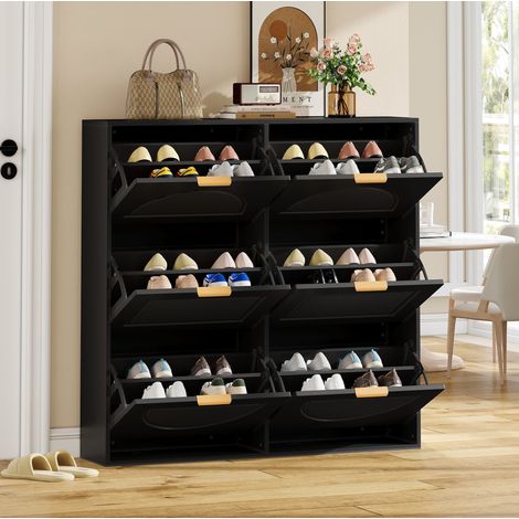 Schuhschrank 118x25x115 cm schwarz aus MDF mit 6 Klappenfächern, Kippsicherung und schlanker Form (1/5)