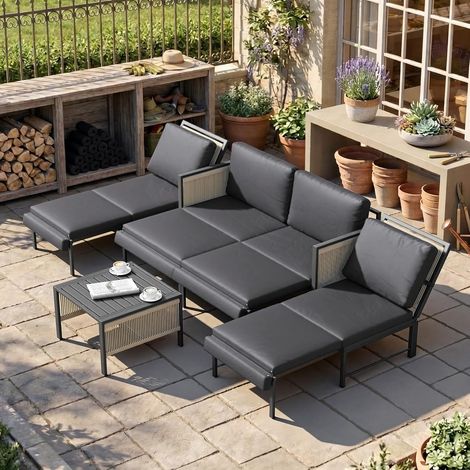 YODOLLA 4 Seater Outdoor Garden Furniture Set, Retractable Single Chair & Loveseat Patio Sofa with Coffee Table