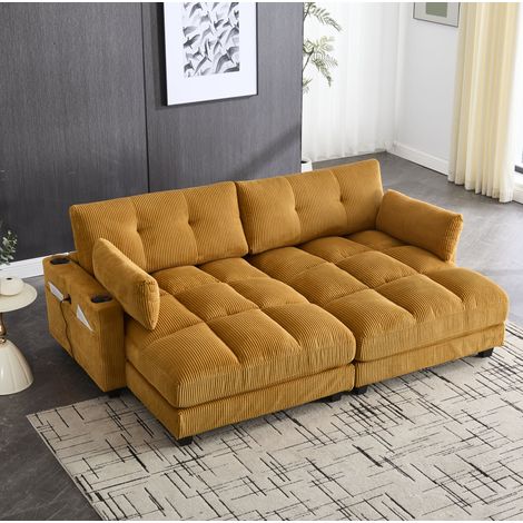 Sofá modular de 2 plazas en pana amarillo mostaza con 2 cojines, 4 portavasos y USB (1/5)
