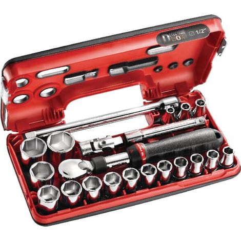 Facom – Coffret cliquet et douilles 1/4" – 17 douilles de 8 à 32 mm – Rallonge angulaire et cardan inclus – SXLDBOX1PB