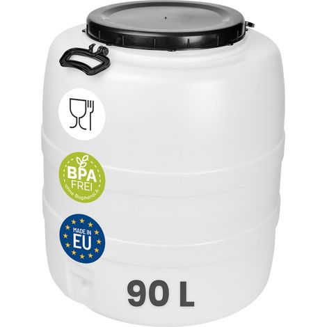 Garronda Fût Alimentaire 90 L Plastique HDPE Tonneau Baril Grande Ouverture pour Eau, Stockage et Fermentation Recupérateur d Eau de Pluie GD-0187 Blanc