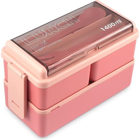 lunch box,Boîte Bento1400 ML avec 3 Compartiments, Sécurité Anti-Fuite Écologique Hermétique Boîte à Repas ,pour Le Pique- (rose) (1/5)