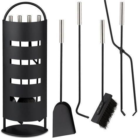 Couverts de cheminée, 5 pièces, tisonnier, Pelle à Cendres, Balai, Pince & Support, Noir/argenté (1/4)
