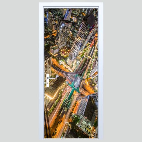 Pegatina de tela para puerta con diseño de luces de la ciudad por la noche 563PD