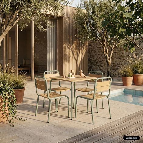 sweeek - Table de jardin enfant acier et décor bois + 4 assises vert de gris - Suzie