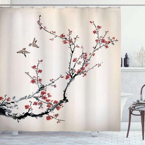 La Nature Rideau de Douche, Oiseaux de Style Art, Tissu Ensemble de Décor de Salle de Bain avec Crochets, 180 cm x 180 cm, Noir Bourgogne (1/5)