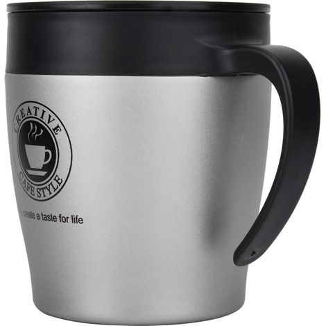 Mug isotherme en acier inoxydable avec cuillère et couvercle, idéal pour le bureau et les voyages (argenté) (1/5)