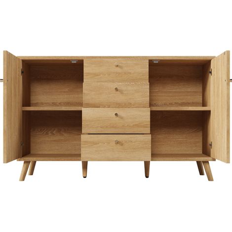 Sideboard mit 4 Schubladen und 2 Türen in Rattan-Optik, Hell Eiche 140 x 40 x 86 cm (1/5)