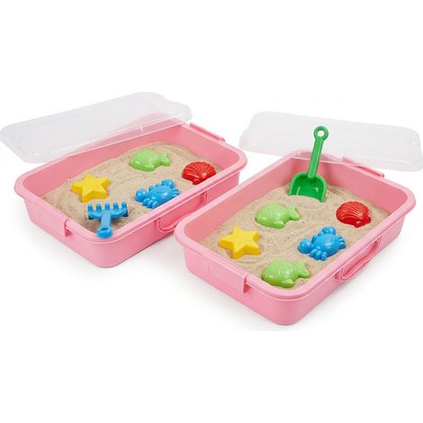 Relaxdays Sandkasten mit Deckel, 2er Set, Kunststoff, HxBxT: 8 x 38 x 25 cm, kleine Sandkiste für Kinder, indoor, rosa