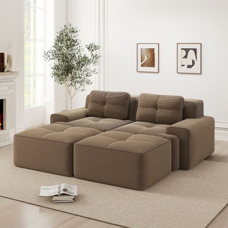 Cloud Modulsofa Boneless U-förmiges Sofa, bequemes Corduroy-Cloud-Sofa, Modulares Sofa mit Ottoman, Modulares Zweisitzer-Sofa, 2-Sitzer Sofa mit Tiefem Sitz für Wohnzimmer, Montagefreies Sofa, braun
