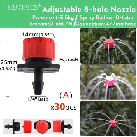 (A) Pipette d'irrigation réglable à 90/180/360°, micro-buse de pulvérisation pour jardin, buse rotative, pulvérisateur à brouillard avec compensation de diamètre de tuyau 4/7 mm (1/5)