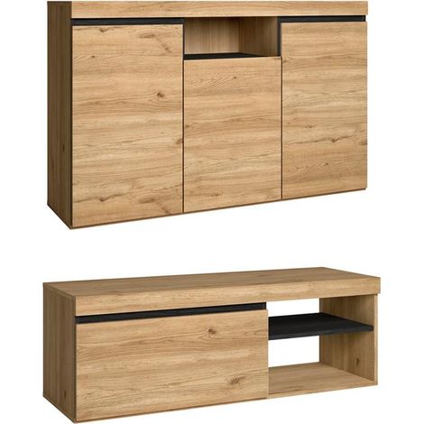 Skraut Home – Ensemble de meubles de salon – Buffet 140cm avec 3 placards – Meuble TV 120cm – Mélamine chêne noir nordique