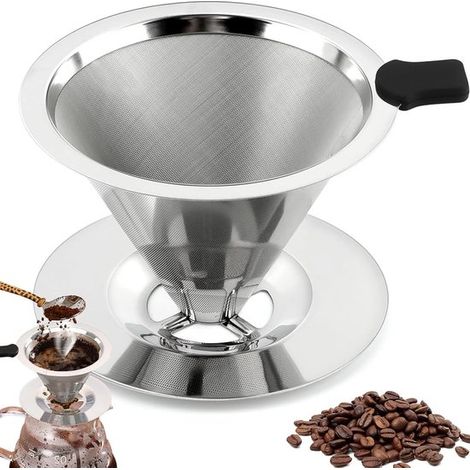 Filtre à café réutilisable en acier inoxydable. Filtre à café sans papier pour usage professionnel. Filtre à café manuel idéal pour les voyages et le camping. (1/5)