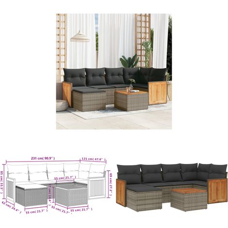 7-tlg. Garten-Sofagarnitur mit Kissen Grau Poly Rattan - Gartenmöbel - Gartensorte - Lounge Set - Rattan Möbel - Outdoor Furniture - Home & Living (1/3)