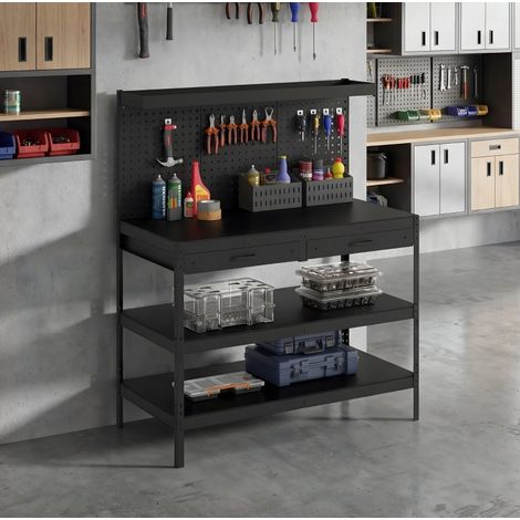 Werkbank mit Lochwand, 2 Schubladen und verstellbaren Ablagen, 122 x 61 x 156 cm, schwarz HAVRYA (1/5)