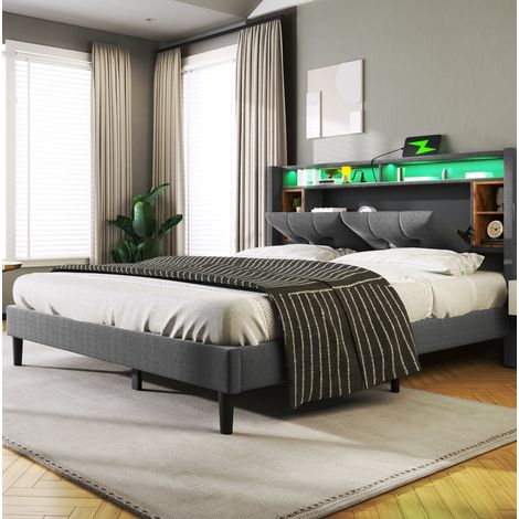 Lit rembourré moderne 160x200 cm gris, bois massif et métal, tête de lit rangement avec USB, prises, LED et sommier à lattes (1/5)
