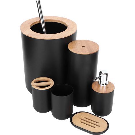 Set mit 6 Badezimmeraccessoires: Zahnbürstenhalter, Abfalleimer, Seifenschale, Seifenspender, Becher und Toilettenbürste. (1/5)