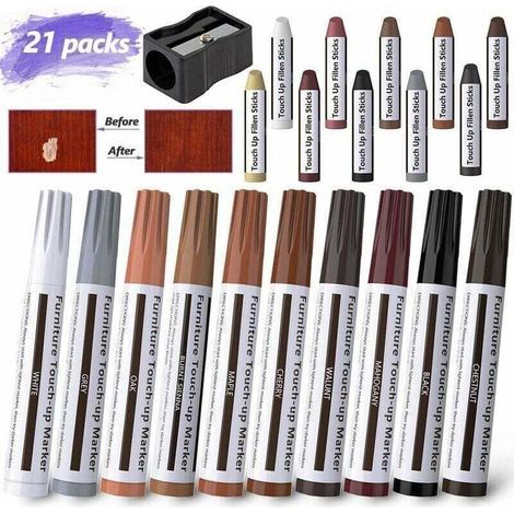 21 Pcs Stylos De Retouche De Meubles Marqueur Feutré Multi-Usages Kit De Réparation De Meubles Pour Teintures, Égratignures, Planchers De Bois, Tables Avec Taille-Crayon (1/4)