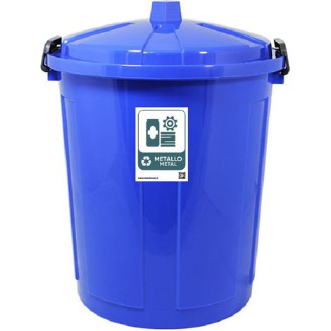 Bidone con coperchio chiuso grande 50 Lt antiodori o randagismo blu pattumiera con etichetta raccolta differenziata del metallo da interno o esterno casa giardino locali commerciali