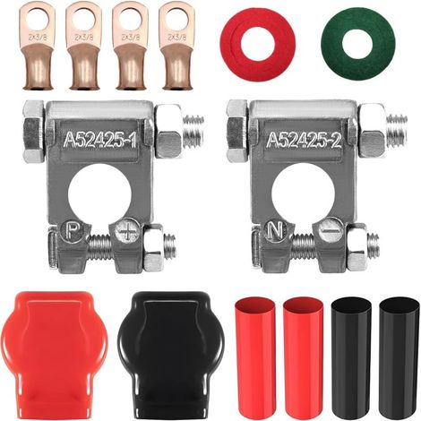 Kit di connettori per terminali di batteria per autoveicoli, terminali positivo e negativo con coperchio e pellicola termoretraibile sigillante per applicazioni automobilistiche e nautiche. (1/5)