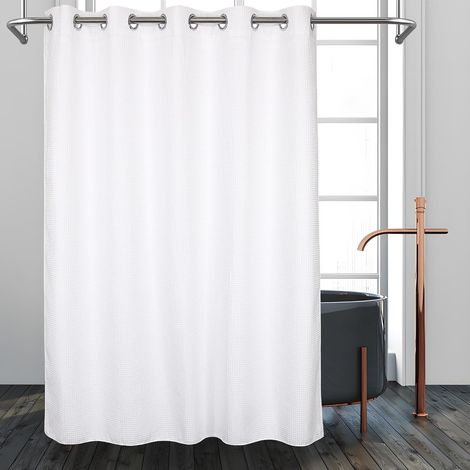Rideau de douche blanc de qualité hôtelière, sans crochets, avec doublure à boutons-pression, hydrofuge et lavable en machine. (1/5)