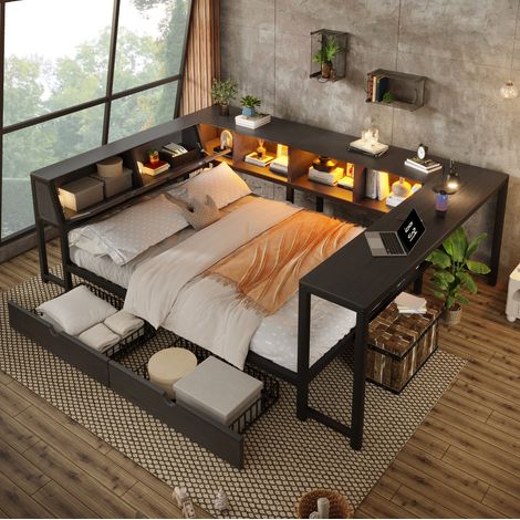 Cama multifuncional 140x200 cm negra de MDF y metal con escritorio, LED y cajones (1/5)